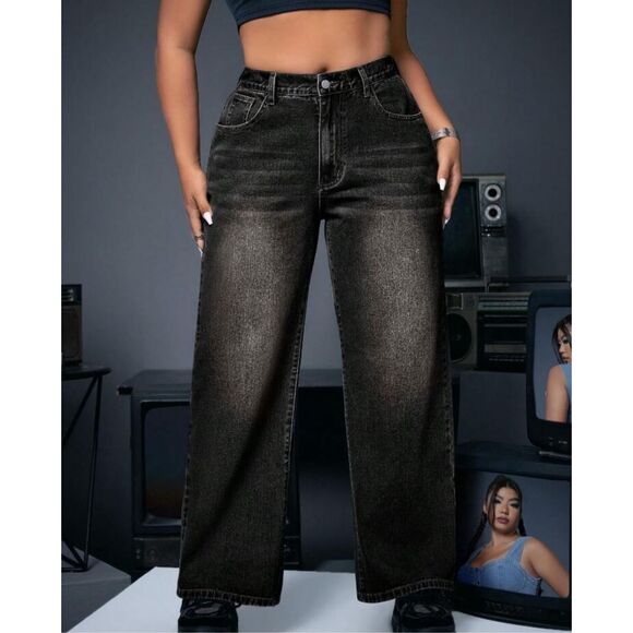 New SHEIN CURVE BLACK WIDE LEG JEANS 1x - Picture 1 of 9